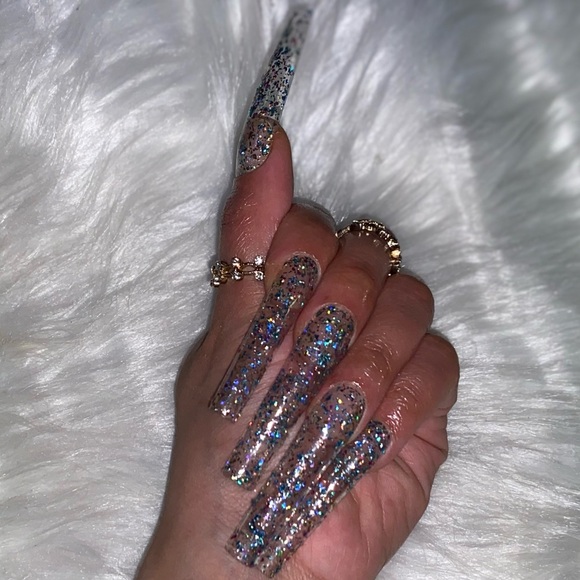 10pc 3XL Square Clear w/ Multicolor Glitter Press on Nails |Gel-X Press on Nails - Picture 6 of 12